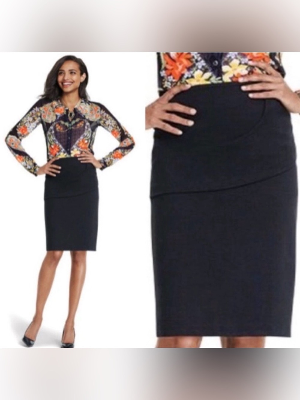 CABI OVERLAY PENCIL SKIRT BLACK PONTE KNIT WITH OVERLAY STYLE 3140 WOMENS SZ 10